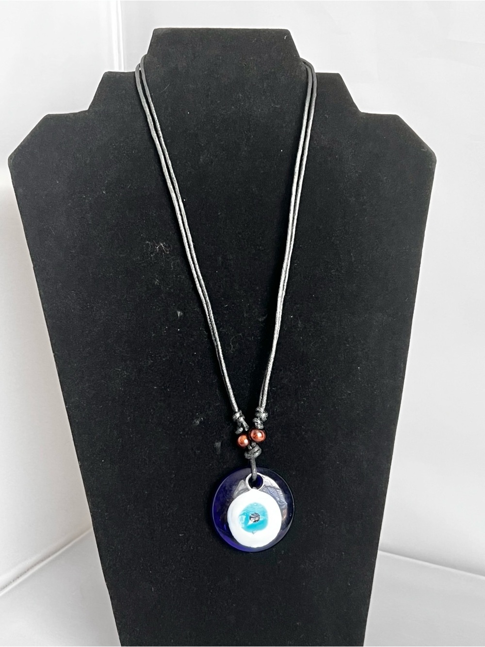 Blue Glass Evil Eye Nazar Adjustable Leather Necklace